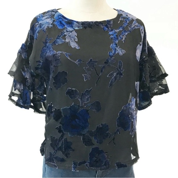 Lily White Black and Bluish Purple Velvet Top Floral blouse Ruffled Sleeves - Picture 6 of 13